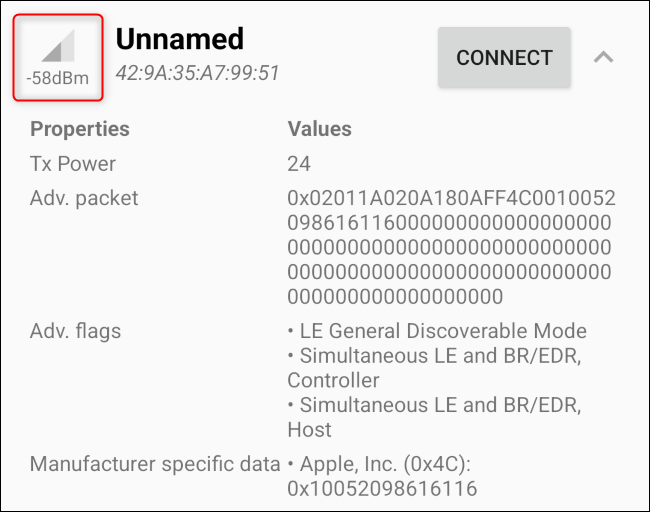 The signal strength for a nearby AirTag displayed in LightBlue.