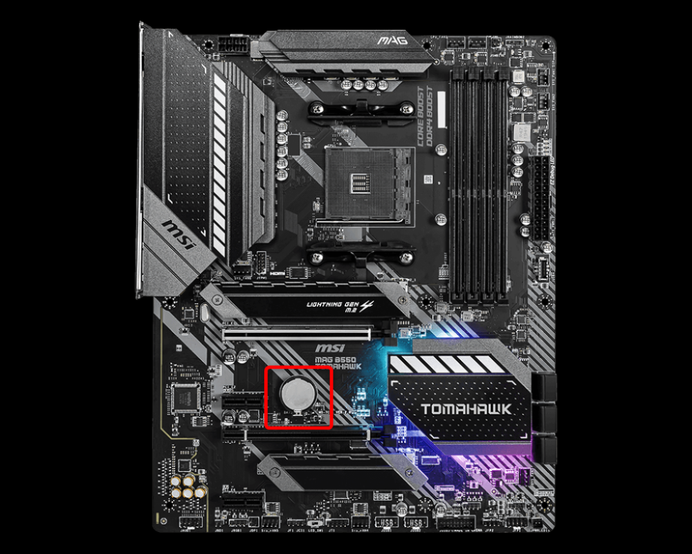 Location of the CMOS battery on the MSI B550 Tomahawk Motherboad. The battery's located under the primary PCIe port