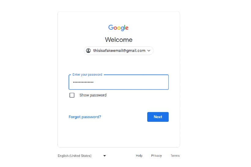 The Google login screen with a password typed in