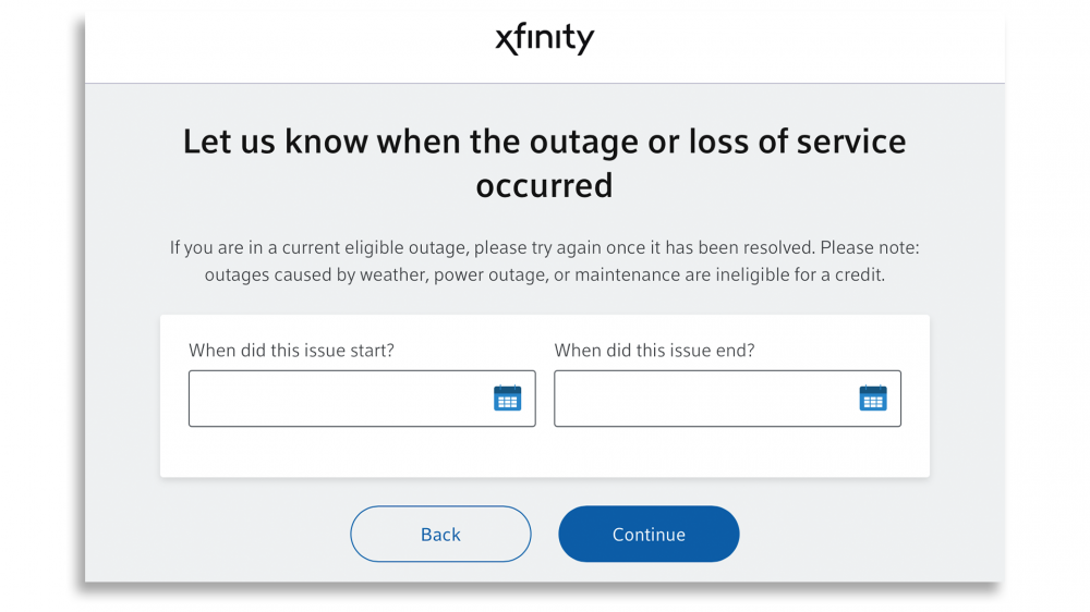 Xfinity's webpage for reporting an outage and receiving a credit.